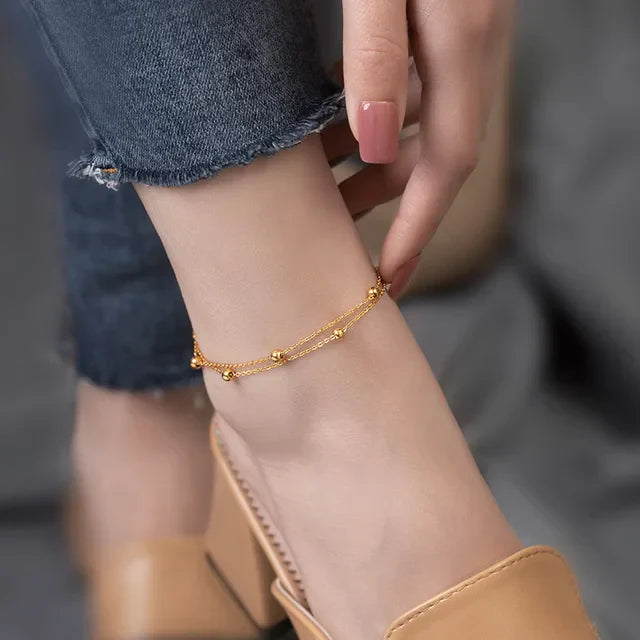 Double Layered Golden Balls Studded Anklets