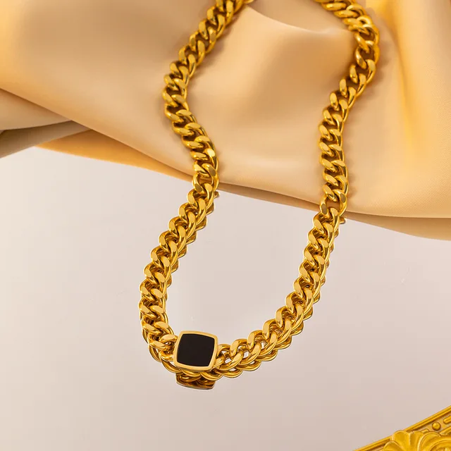 Black Stone Studded Heavy Cuben Gold Plated Chained Necklace
