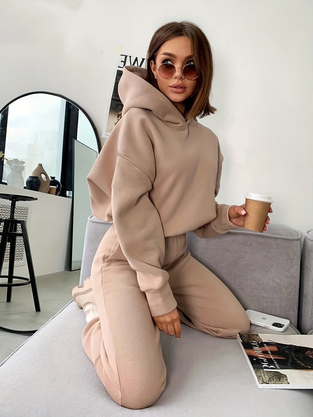 2pcs Solid Color Casual Suits, Long Sleeve Hooded Sweatsh...