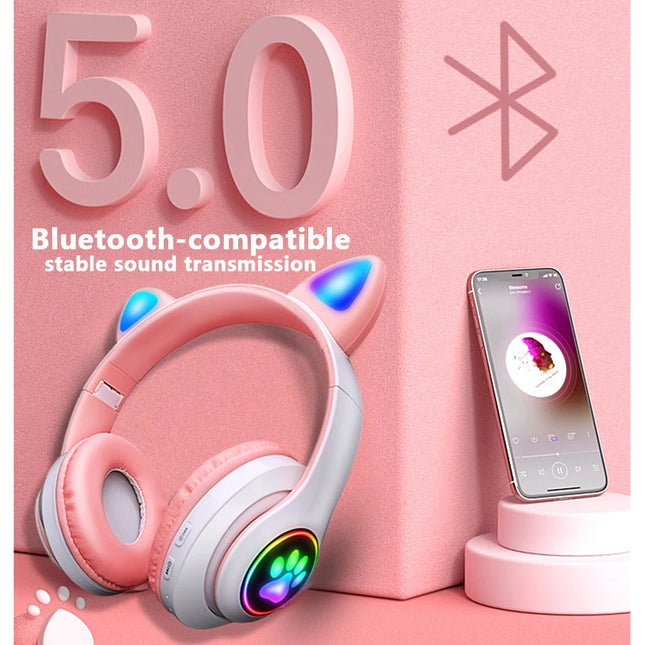Pink Cute Cat Ears Wireless Headphone Bluetooth-compatibl...