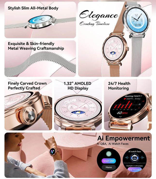 Lulu 2 Smart Watch for Women | AMOLED Display | Bluetooth Calling | Stainless Steel Strap | Health & Fitness Tracker