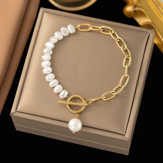 Pearls and Long Chain Gold Plated Bracelet