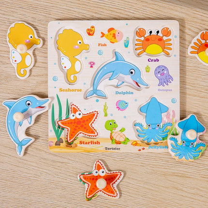 Wooden Puzzles Montessori Baby Toys Cartoon Animal Fruit Traffic Hand Grab Boards Cognition Jigsaw Puzzle Kids Educational Games