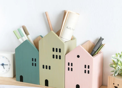 Cartoon House Wooden Pen Holder Pencil container Makeup Brush Stationery storage box Student/ Office Desktop Storage Organiser