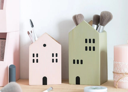 Cartoon House Wooden Pen Holder Pencil container Makeup Brush Stationery storage box Student/ Office Desktop Storage Organiser