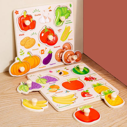 Wooden Puzzles Montessori Baby Toys Cartoon Animal Fruit Traffic Hand Grab Boards Cognition Jigsaw Puzzle Kids Educational Games