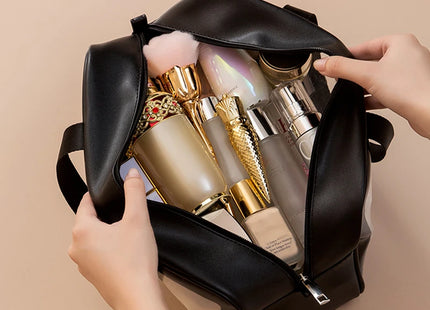 Leather Cosmetic Organizer Clear Panel PVC Waterproof Tote Makeup Toiletry Bag Portable Travel Swim Storage Transparent Washbag
