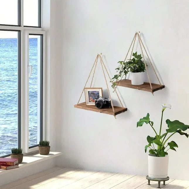 1PC Wooden Swing Hanging Hemp Rope Wall Shelve Mounted Fl...