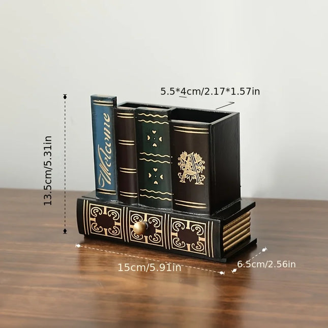 Vintage European Wooden Pen Holder - Creative Desk Organi...