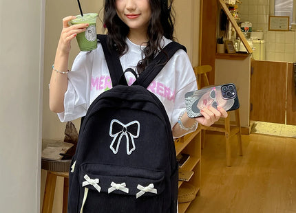 Y2K Girls Cute Bowknot Laptop Backpack Fashion Casual Corduroy Bow Student Backpack Large Capacity Travel Backpack Shoulder Bag
