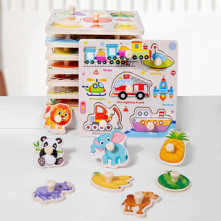 Wooden Puzzles Montessori Baby Toys Cartoon Animal Fruit Traffic Hand Grab Boards Cognition Jigsaw Puzzle Kids Educational Games