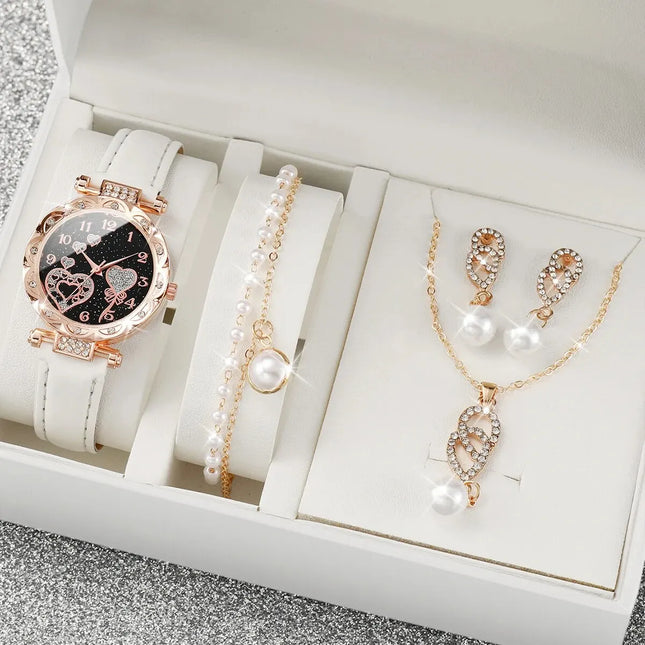 4pcs/set Women's Shiny Rhinestone Quartz Watch Analog PU ...