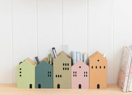 Cartoon House Wooden Pen Holder Pencil container Makeup Brush Stationery storage box Student/ Office Desktop Storage Organiser