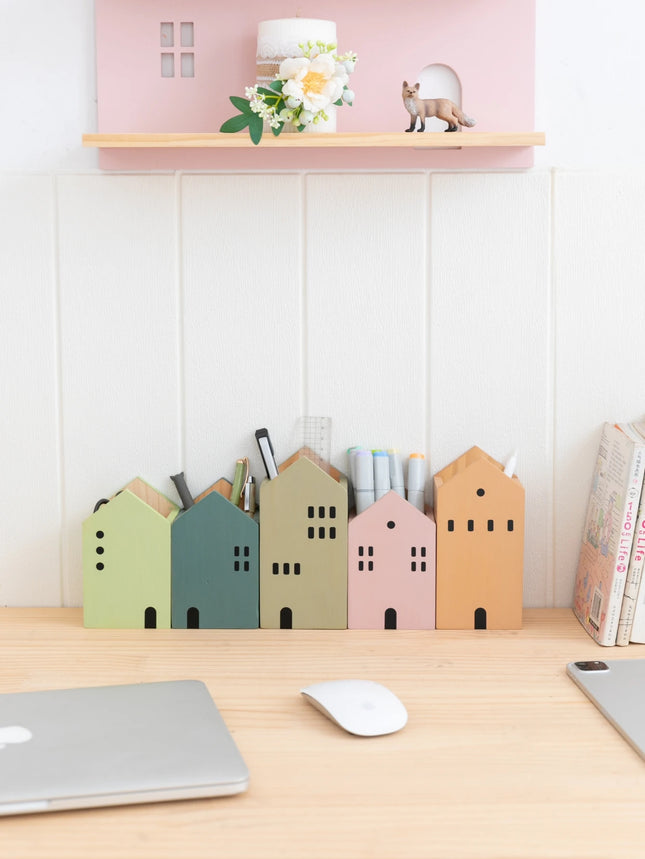 Cartoon House Wooden Pen Holder Pencil container Makeup B...