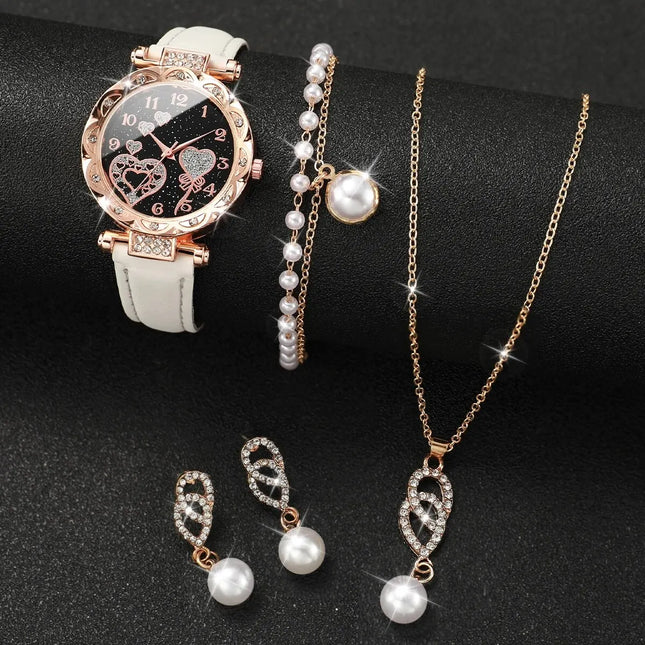 4pcs/set Women's Shiny Rhinestone Quartz Watch Analog PU ...