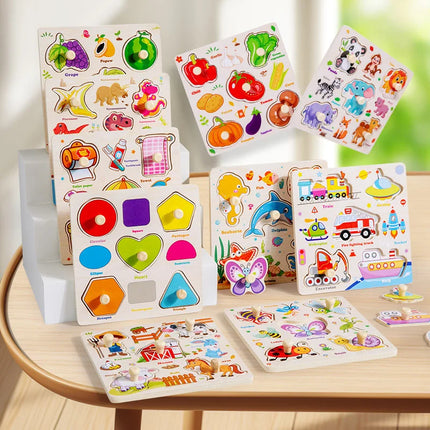 Wooden Puzzles Montessori Baby Toys Cartoon Animal Fruit Traffic Hand Grab Boards Cognition Jigsaw Puzzle Kids Educational Games