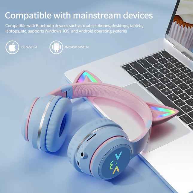 Gradient wireless Headphones RGB cute cat ear Bluetooth E...