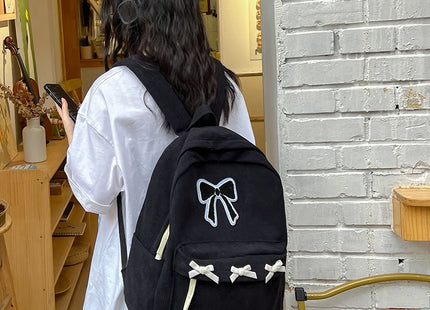 Y2K Girls Cute Bowknot Laptop Backpack Fashion Casual Corduroy Bow Student Backpack Large Capacity Travel Backpack Shoulder Bag