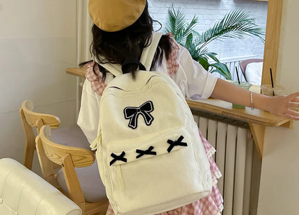 Y2K Girls Cute Bowknot Laptop Backpack Fashion Casual Corduroy Bow Student Backpack Large Capacity Travel Backpack Shoulder Bag