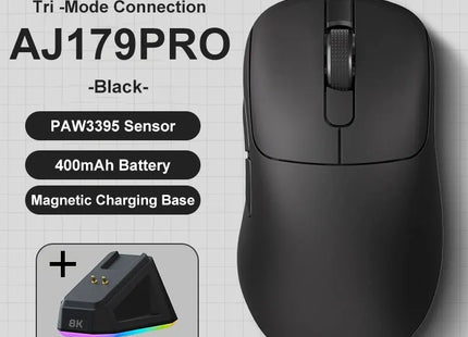 AJAZZ AJ179 PRO PAW3395 Lightweight Wired Wireless Mouse with Magnetic Charging Base Ergonomic Macro Gaming Mouse for PC Laptop