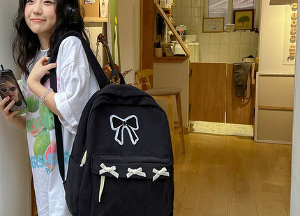 Y2K Girls Cute Bowknot Laptop Backpack Fashion Casual Corduroy Bow Student Backpack Large Capacity Travel Backpack Shoulder Bag