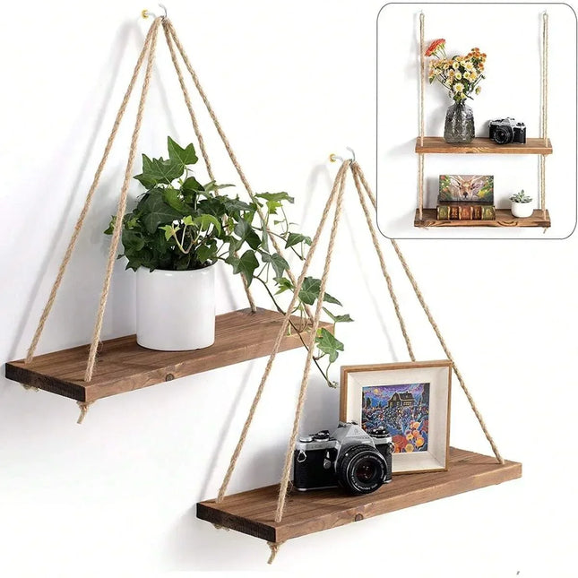 1PC Wooden Swing Hanging Hemp Rope Wall Shelve Mounted Fl...