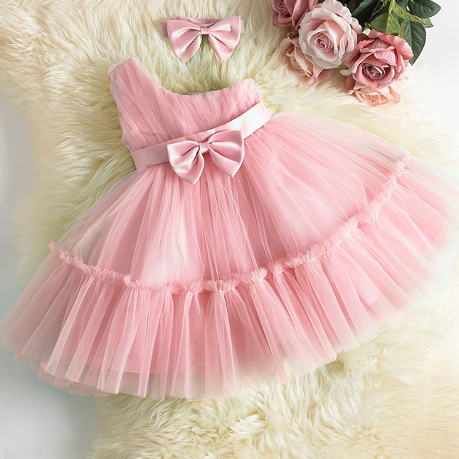 2pcs Baby Girls Cold Shoulder Bowknot Mesh Princess Dress...