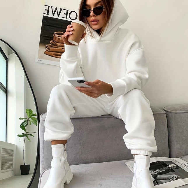 2pcs Solid Color Casual Suits, Long Sleeve Hooded Sweatsh...